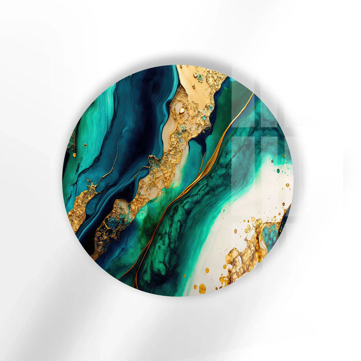 Turquoise Gold Marble Round Wall Art – Ocean-Inspired Luxury Glass Decor for Modern Interiors - MyPhotoStation
