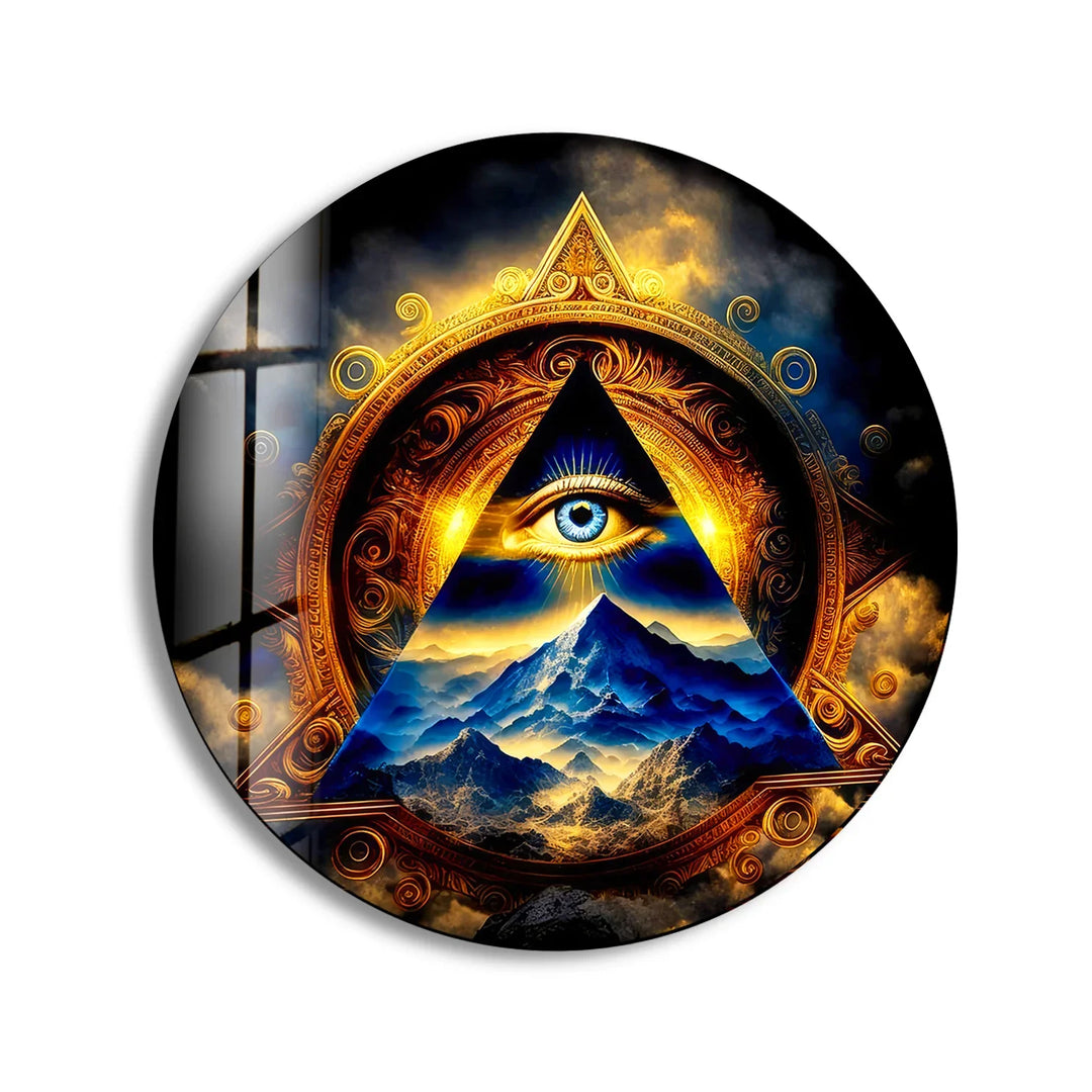 Eye of Providence Round Wall Art – Mystical Glass Decor with Pyramid & Mountain Design - MyPhotoStation