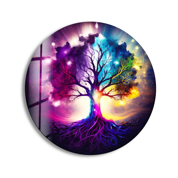 Galaxy Tree of Life Wall Art – Vibrant Round Glass Wall Decor for Home & Office