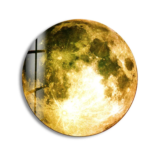 Moon Patterned Golden Abstract Round Glass Wall Art print on glass, glass printed photos
