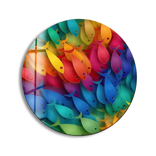 Gradual blending of colors defines this rainbow fish round wall art, a display of the best glass art where hues fluidly transition in a vibrant ocean-inspired piece.