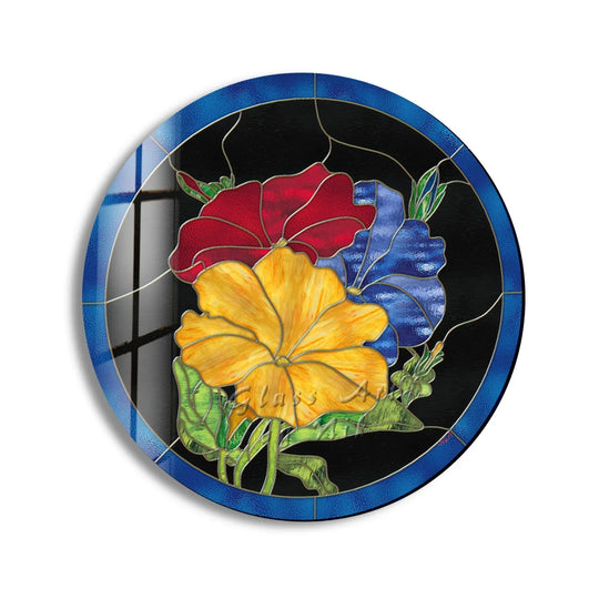 Showcasing an abstract quality, this colorful flowers round glass wall art features vibrant hues that blend together in an eye-catching wall art prints design.