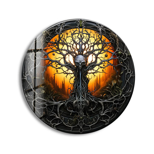 Visual rhythm flows in the Gothic Skull Tree round glass wall art, a home decor accent where branches create a mesmerizing, dark fantasy pattern.