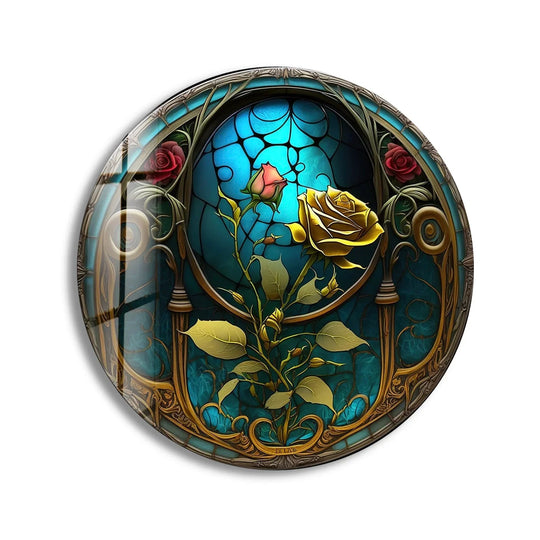 Mysterious mood emanates from this stained yellow rose round glass hanging wall art, offering an elegant floral aesthetic.