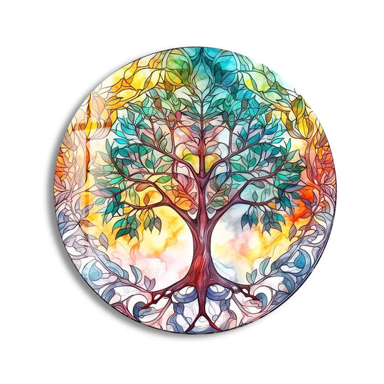 The realistic detail showcases the colorful tree mandala round glass wall art with intricate lines and vibrant, blended hues, creating a stunning example of glass printing.