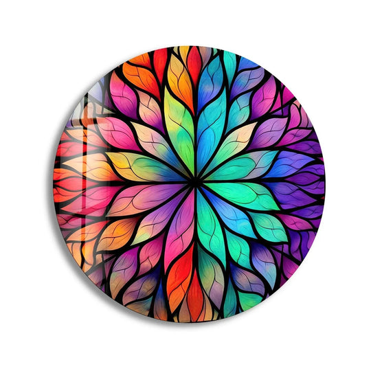 Radiant mood emanates from this stained round colored leafs glass wall art, perfect for adding artistic home decor to any space.