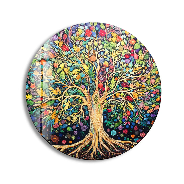Colorful Tree of Life Wall Art – Round Glass Print with Vibrant Botanical Design for Nature-Inspired Home Decor - MyPhotoStation