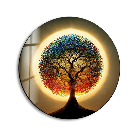 Framed by a sleek black border, this round glass wall art decor piece features a stunning 'Life of Tree' design on tempered glass.
