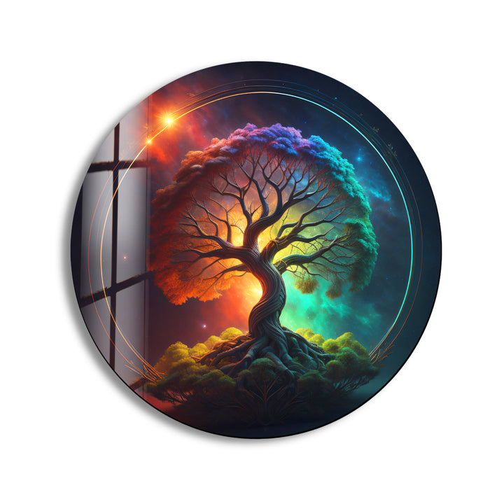 Cosmic Tree of Life Wall Art – Vibrant Round Glass Wall Decor for Modern Spaces