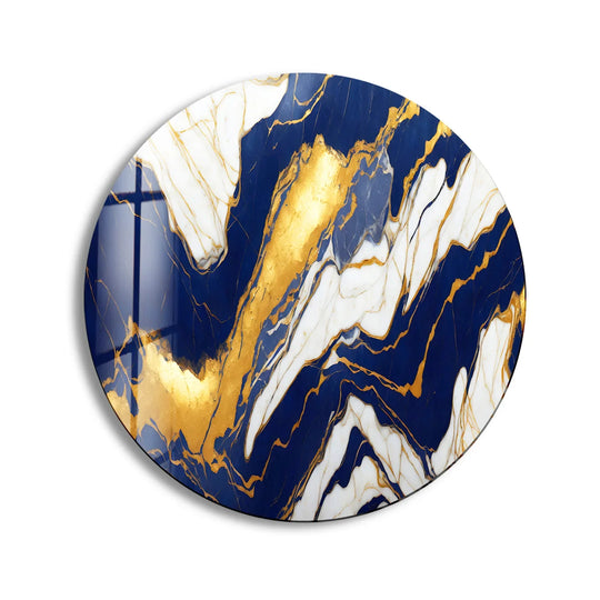 Circular glass printing showcases geometric elements in the round midnight marble wall art with gold and navy patterns creating a modern abstract design.