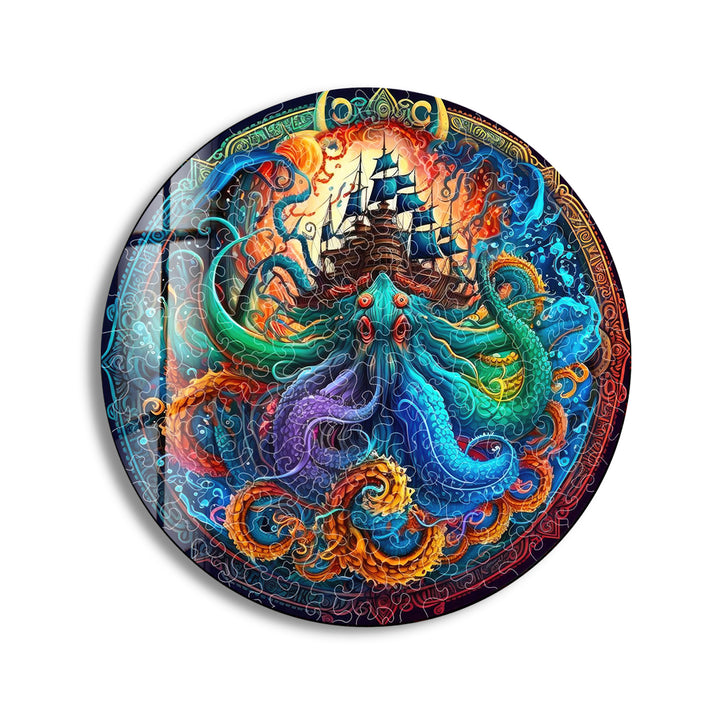Kraken and Ship Round Wall Art – Mythical Sea Monster Glass Decor for Nautical Fantasy Walls