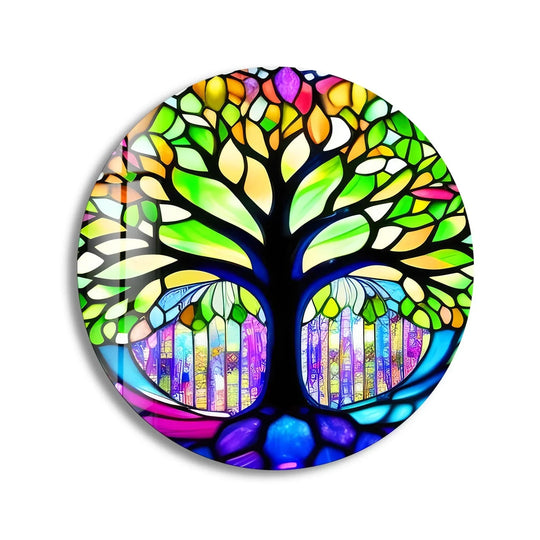 Dominated by vibrant greens, this round glass wall art prints features a stained 'Life of Tree' design, showcasing a beautiful blend of nature-inspired hues.