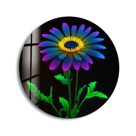The stillness of this vibrant neon bloom round glass wall art decor highlights its radiant, colorful petals against a dark backdrop.