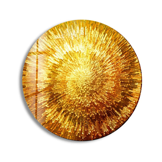 At the focal point, a burst of golden textures shines in this round glass decorative wall art, creating a mesmerizing spiral abstract.