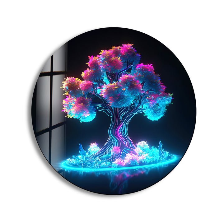 Neon Fantasy Tree Wall Art – Futuristic Round Glass Wall Decor for Modern Spaces