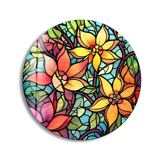 Featuring a vibrant color contrast, this round stained flower and leaf tempered glass wall art showcases eye-catching yellow, orange, and purple hues against a blue and green backdrop.