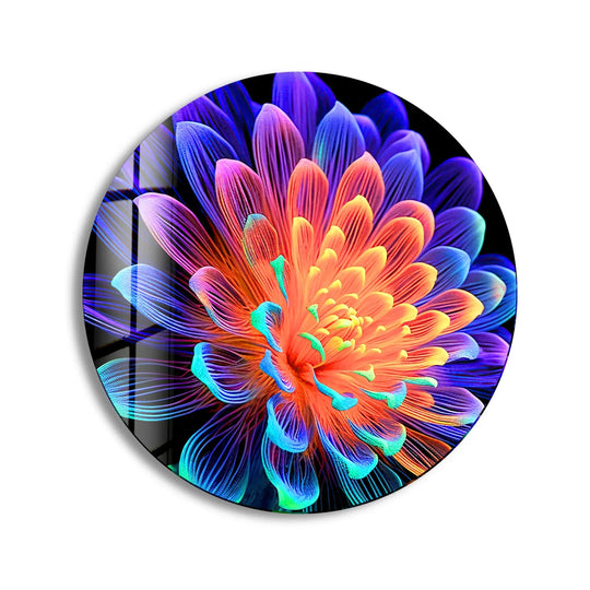 Warm oranges transition to cool blues in this radiant neon flower tempered glass wall art, demonstrating a beautiful contrast in color temperature.