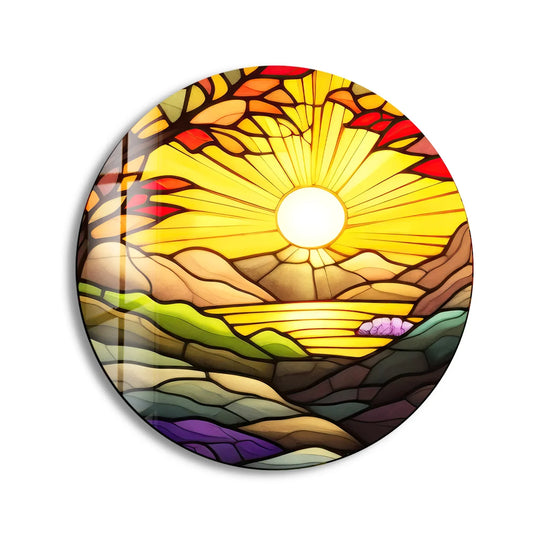 Vibrant glass print displaying a sunrise landscape in stained glass style is a beautiful piece of home decor offering colorful charm and bold style.