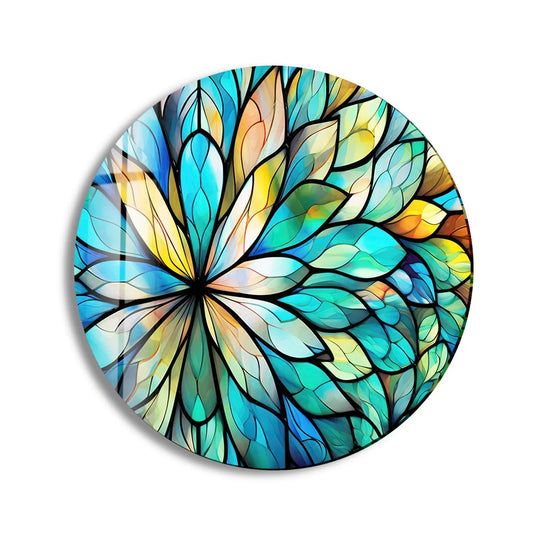Glossy finish highlights the vibrant, stained glass look of this round, floral decorative wall art, creating an elegant effect.