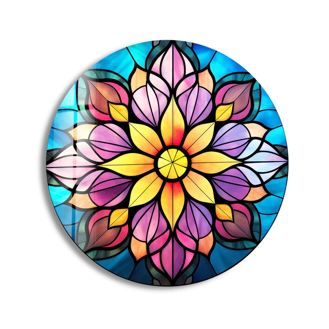 Mandala Lotus Flower Glass Wall Art – Round Stained Glass Style Floral Decor for Zen & Boho Homes - MyPhotoStation