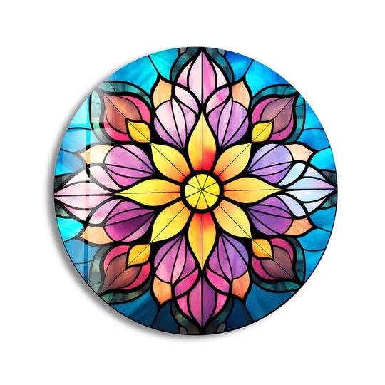 Capturing the focal point, this radiant harmony multicolor mandala round glass art painting showcases a stunning geometric design with vivid blues, pinks, and golds.