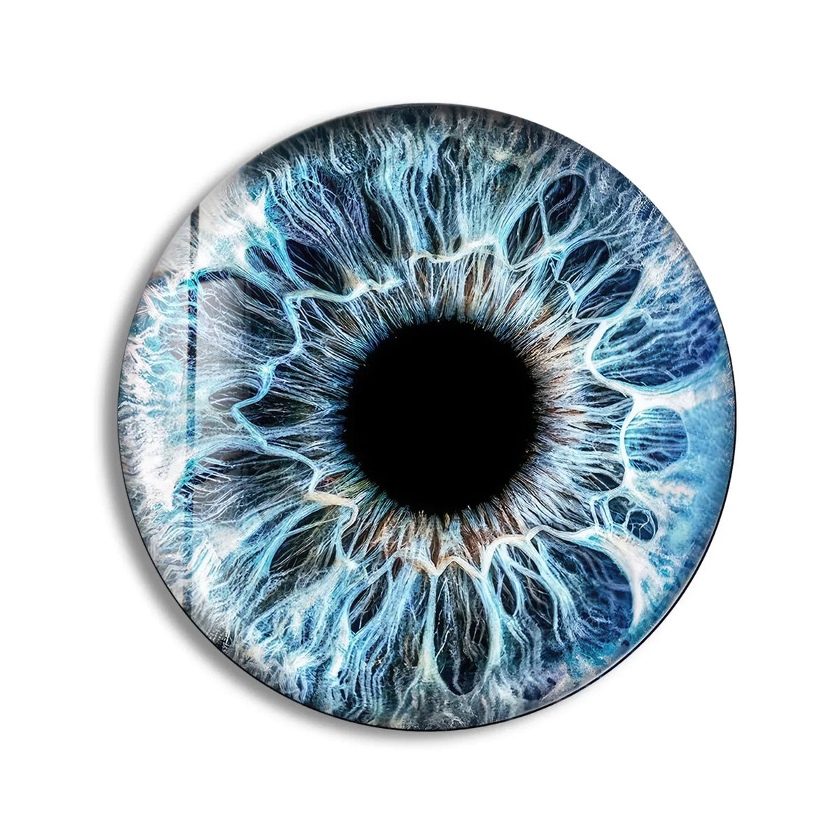 Cool color temperature radiates from this round glass wall art decor featuring a mesmerizing blue eye design with intricate, fractal-like details.