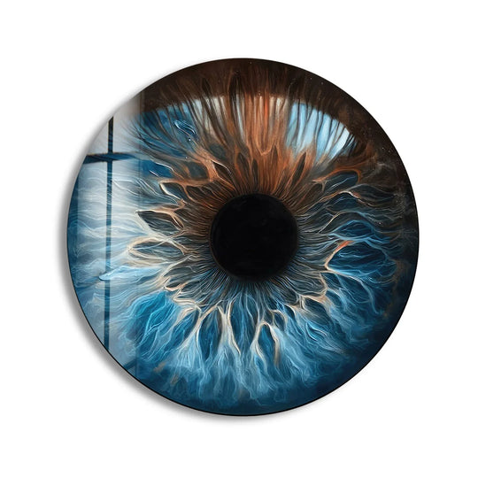 Cool blues contrast with warm browns in this captivating Eye Round Blue tempered glass wall art, showcasing a striking color temperature shift.