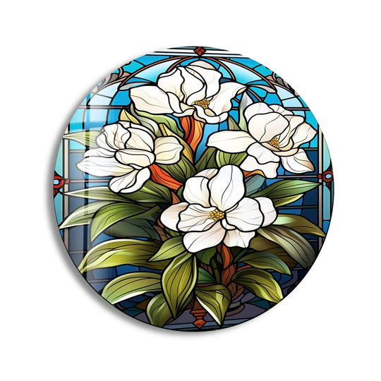 Featuring intricate, colorful borders, this stained round glass art exemplifies exquisite hanging wall art with its decorative edge.
