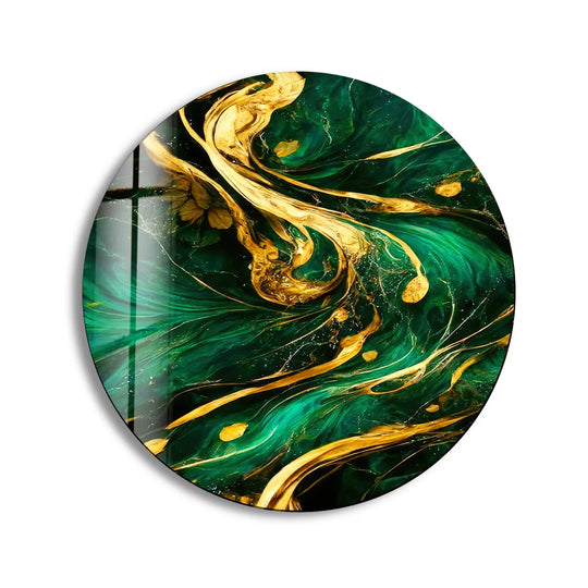 High-gloss finish on this emerald gold abstract round tempered glass wall art enhances its luxury decor appeal for modern interiors.
