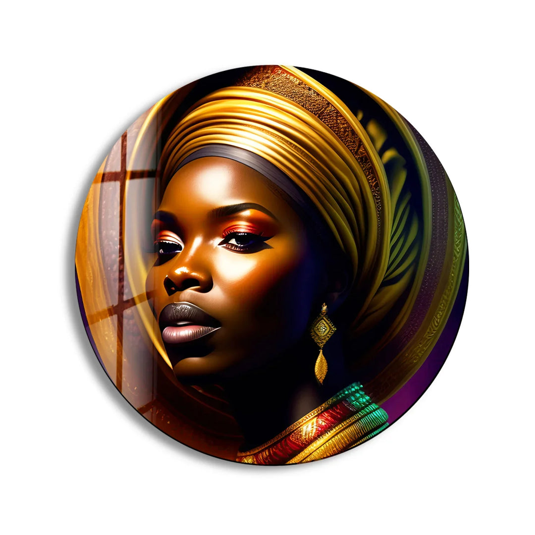 African Woman Portrait Wall Art – Bold Round Glass Print with Golden Headwrap for Modern & Cultural Decor - MyPhotoStation