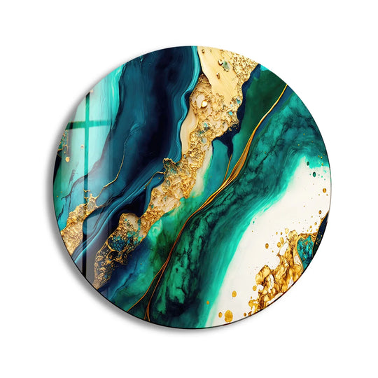 Rhythmic patterns flow throughout this round glass wall art, creating a captivating visual dance with oceanic marble textures in shades of blue and gold in this wall prints piece.