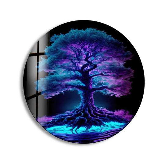 Highlighting the abstract quality, the purple life of tree round glass wall art adds captivating home decor with its surreal swirling branches and vibrant colors.