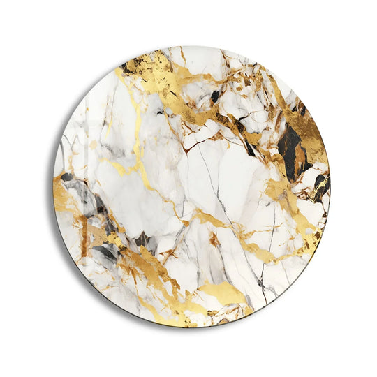 Featuring white marble veined with gold, the background provides a neutral contrast enhancing the elegant look of this round glass printing wall art.