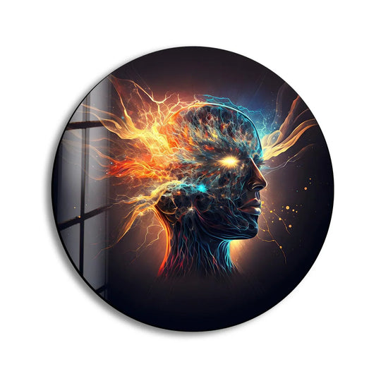 Foreground details showcase vibrant, digitally rendered decorative wall art depicting a human head with glowing energy flowing around it.