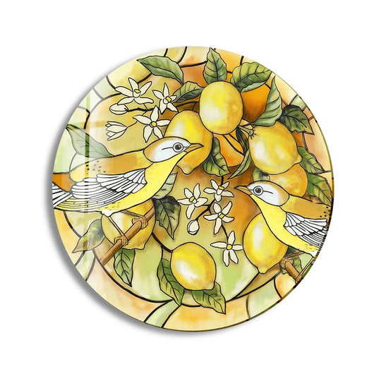 Featuring lemons, blossoms, and songbirds, the Lemon Tree & Birds stained round decorative wall art offers a vibrant central subject for nature-inspired decor.