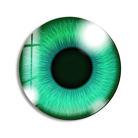 Depth and layers create an immersive effect in this vivid green eye round glass wall art, a striking home decoration with intricate, mesmerizing detail.