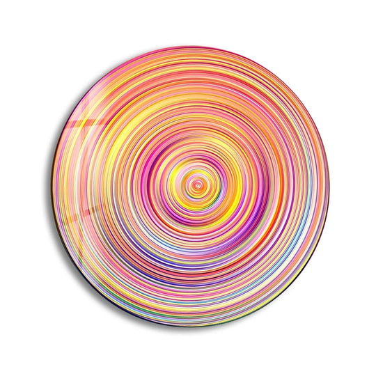 Horizontal round pink circles abstract glass wall artwork showcases a mesmerizing concentric pattern of vibrant colors emanating from its center.
