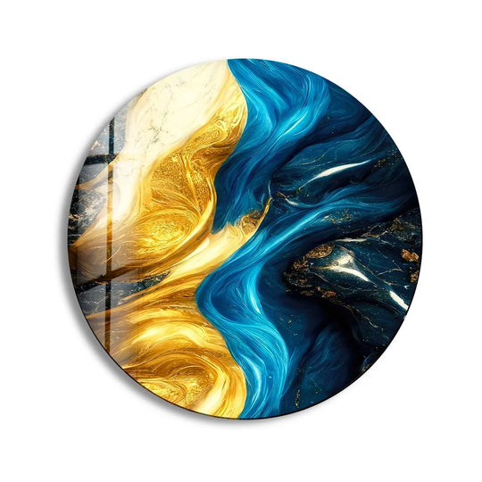 Featuring a reflective finish, this marble round yellow and blue glass wall art showcases the beauty of glass printing with its vibrant, swirling hues.