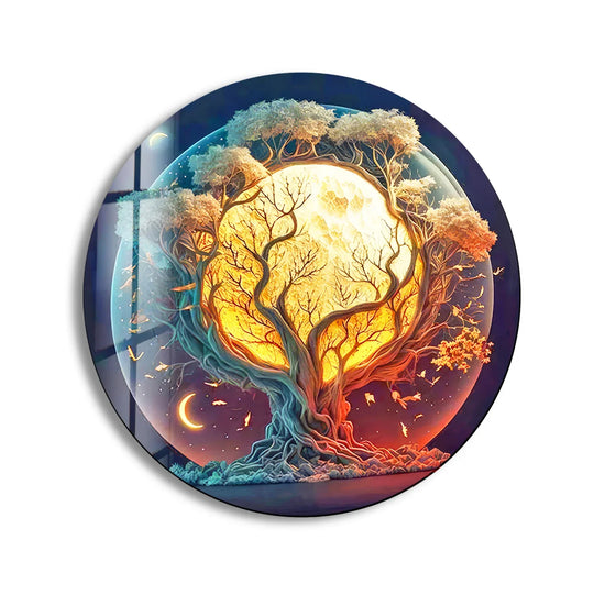 Cascading energy animates this mystic moon tree glass print, with light and shadow creating a sense of movement in this piece of unique modern wall decor.