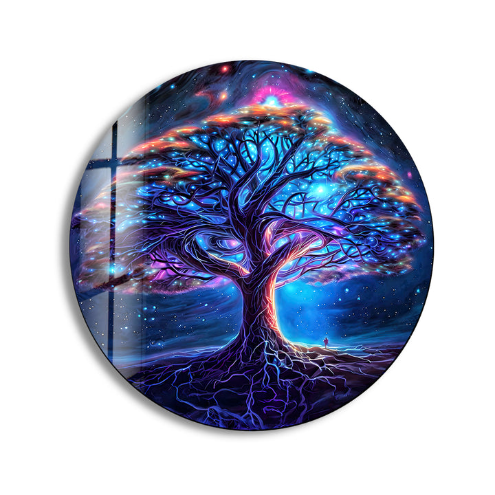 Galaxy Tree of Life Round Glass Wall Art – Mystical Cosmic Home Decor