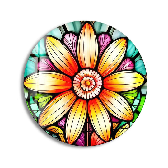 Radiant orange petals define this striking decorative wall art of an orange stained flower round glass wall art design.