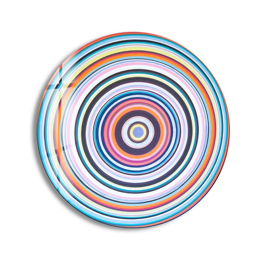 With high color saturation, this round glass art painting features vibrant, concentric pink spirals, creating a mesmerizing abstract design.