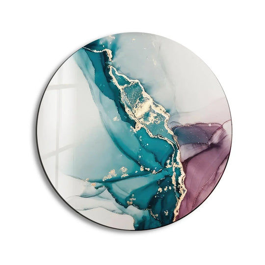 Geometric swirls of teal, gold, and purple ink form an abstract home decor design on a round glass panel.