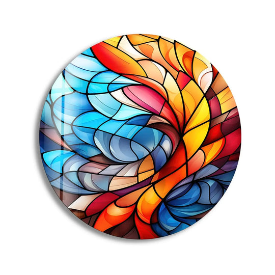 Ethereal light creates the softest element within this stained round blue and orange glass wall art, illuminating the intricate patterns of the wall art prints.