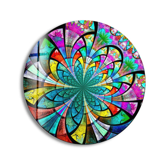 Delicate depth and layers are enhanced in this round, stained colored flower art from glass, creating a captivating visual texture in this decorative wall art.