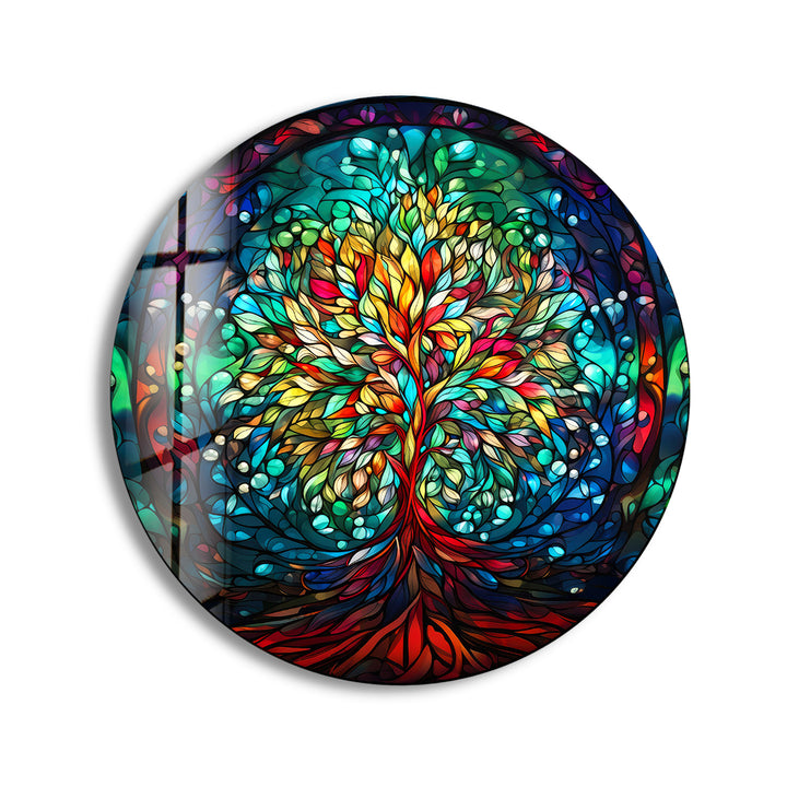 Runde Wandkunst mit Lebensbaum – Farbenfrohes Glasmalerei-Druckdesign