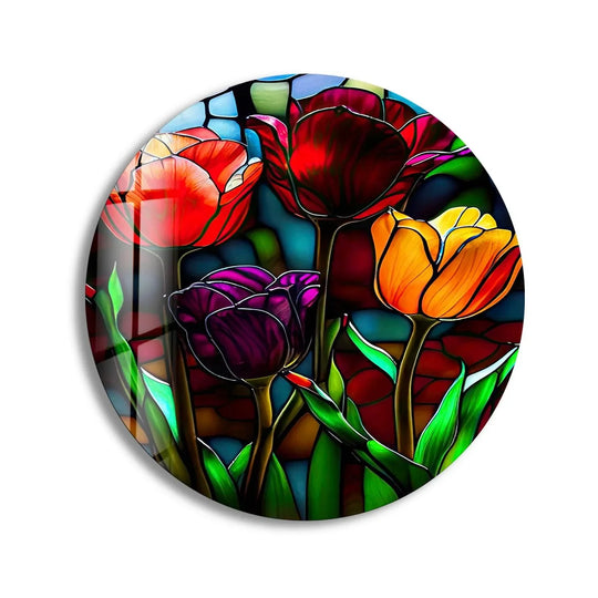 Vibrant red and yellow tulips dominate the unique modern wall decor within this round stained glass wall art, creating a visually striking floral display.
