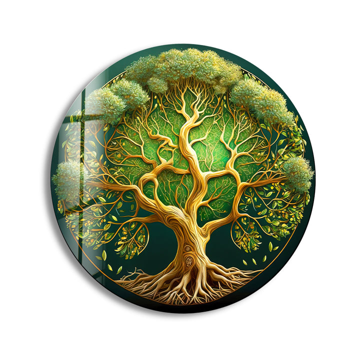 Lush Green Tree of Life Round Wall Art – Nature Inspired Glass Wall Decor