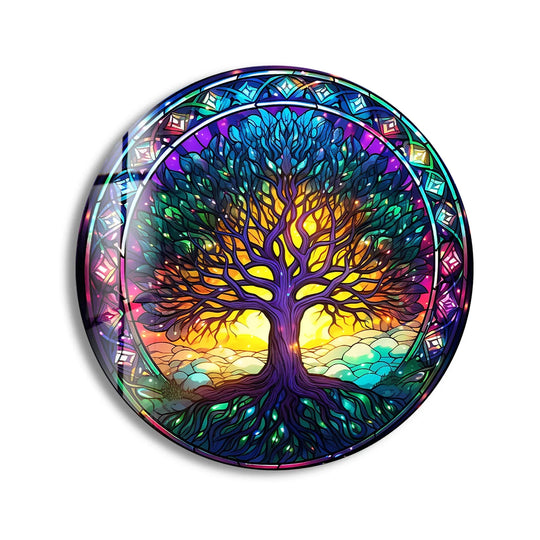 Swirling colors accentuate the sense of movement in this radiant tree of life round glass art painting, evoking a vibrant sunset within a stained glass print.