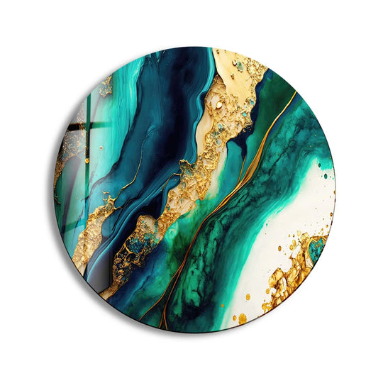 The darkest area accentuates the swirling sapphire hues in this gold and green marble round glass print wall art, creating a captivating, luxurious design.